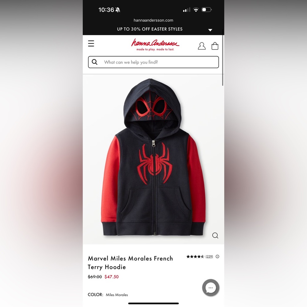 Hanna Anderson Miles Morales French Terry Hoodie, sz 12 (150cm)